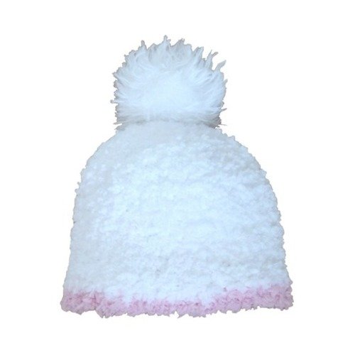 Bonnet bébé en fourrure blanche,  pompon et liseré rose (12 - 18 - 24 m)