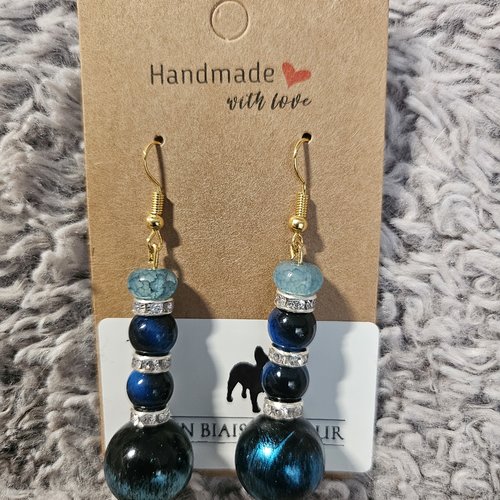 Boucles d’oreilles fantaisies un biais d'amour perles bleues