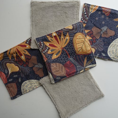 5 larges lingettes lavables débarbouillettes motif feuilles