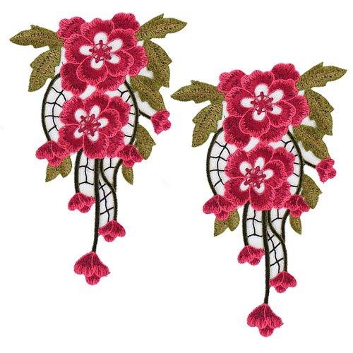 1 paire guipures brodées applique 24x15cm fleurs roses et rouges