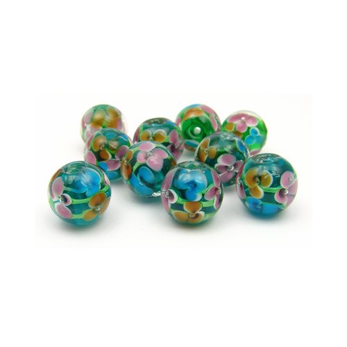 1 perle en verre fleurs 12mm base bleu turquoise