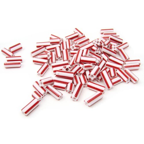 Perles en verre tubes 9x3mm 10gr rouge et blanc