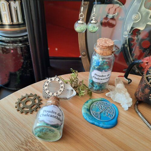 Collection poudre de chalcanthite- collier, fiole et boucles d'oreilles- collab avec fileuse de couleurs