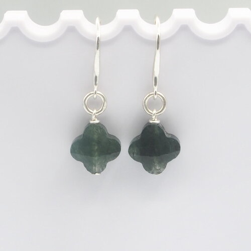 Boucles d'oreilles amande trèfles à 4 feuilles agate mousse argent massif