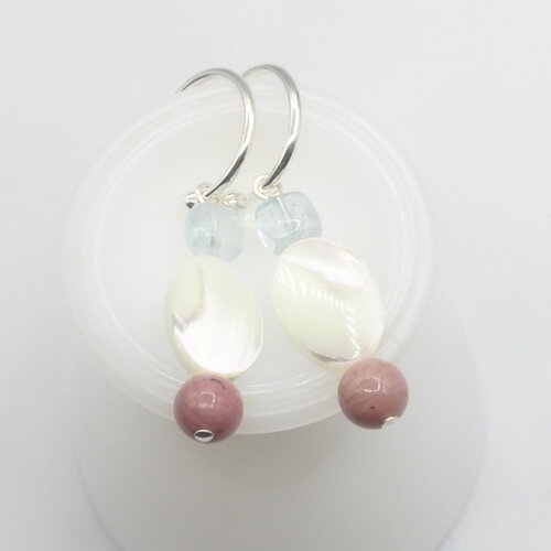 Boucles d'oreilles galatée aigue-marine, nacre et rhodonite argent massif
