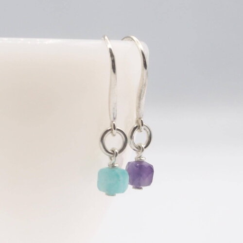 Boucles d'oreilles lolita amazonite et améthyste argent massif