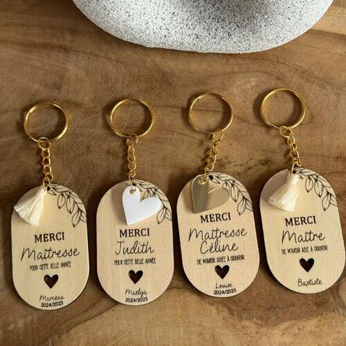 Porte-clés personnalisé en bois, merci maîtresse, merci maître, atsem, aesh - cadeau de fin d'année scolaire
