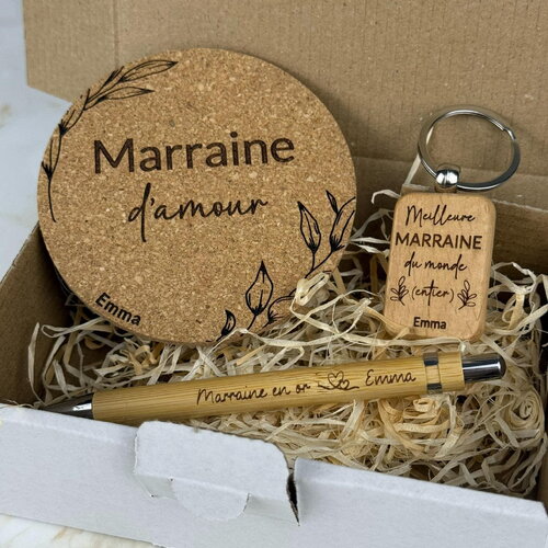 Coffret cadeau personnalisé - dessous de verre, stylo, porte-clés - cadeau parrain, marraine, fête des pères, fête des mères