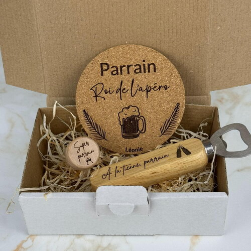 Coffret cadeau personnalisé - décapsuleur, bouchon, dessous de verre - box cadeau parrain, marraine, fête des pères, fête des mères
