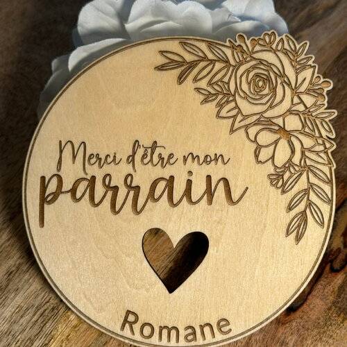 Carte de remerciement parrain marraine en bois à personnaliser - cadeau baptême, communion - demande surprise