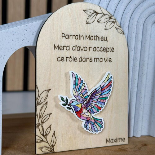 Magnet bois personnalisé | baptême | colombe ourson | annonce parrain marraine