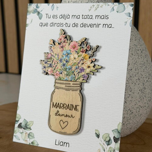 Magnet en bois personnalisé avec carte + enveloppe cadeau - demande surprise parrain marraine -  cadeau baptême communion