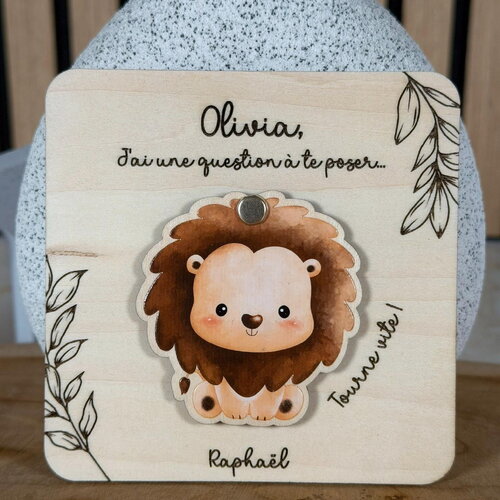 Carte suprise en bois bébés animaux - faire-part parrain marraine personnalisée - cadeau baptême, naissance