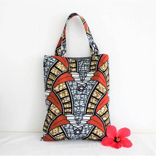 Tote bag, sac motifs géométriques, sac tissu pagne, sac wax, sac fourre-tout, sac plage, sac marron, sac écologique, imprimé ethnique