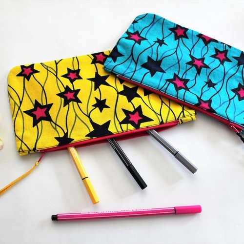 Trousse ethnique, trousse fille, pochette wax, motifs étoiles, étui sac, sac rangement, vanity case, trousse maquillage, tissu pagne wax