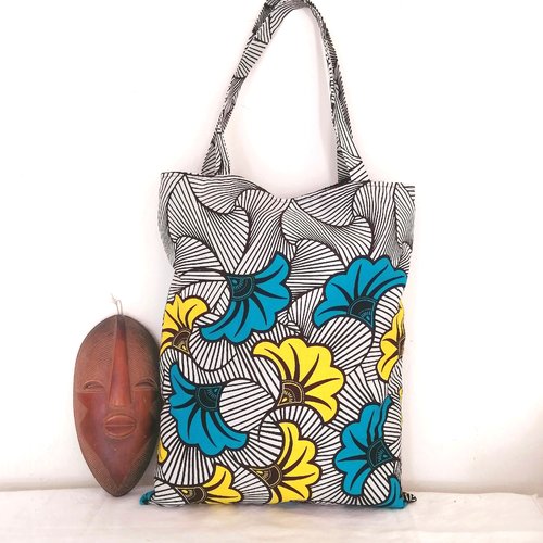 Tote bag, sac motifs floraux, sac tissu pagne, sac wax, sac fourre-tout, sac plage, sac marron, sac écologique, imprimé ethnique