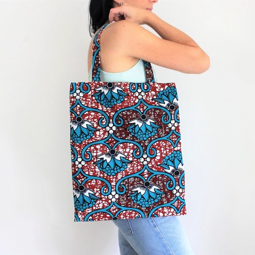 Tote bag ethnique, sac rouge, sac tissu pagne, sac wax, sac fourre tout, sac course, pagne africain, sac écologique, sac cabas, motif fleur