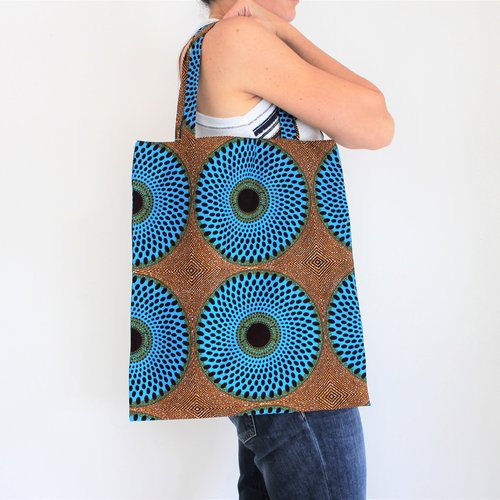 Sac cabas, sac fourre-tout, motifs cercles, accessoire été, sac shopping, wax africain, tissu africain, sac fait main