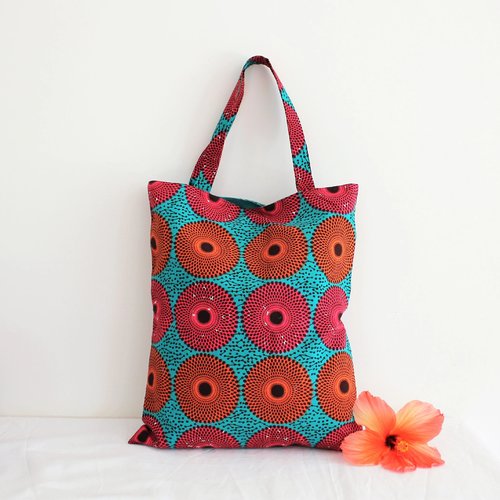 Sac cabas, sac fourre-tout, motifs cercles, accessoire été, sac shopping, wax africain, tissu africain, sac fait main