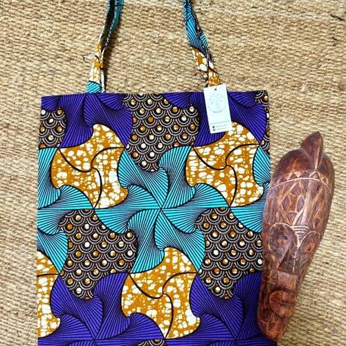 Tote bag, sac motifs géométriques, sac tissu pagne, sac wax, sac fourre-tout, sac plage, sac marron, sac écologique, imprimé ethnique