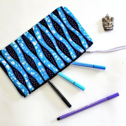 Trousse maquillage, trousse crayons, pochette ethnique, tissu wax, motifs vagues, pochette bleue, étui sac, accessoire école, trousse wax