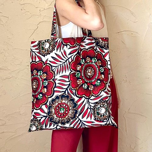 Maxi tote bag wax, sac shopping, sac plage, pochette intérieure, motifs floraux, cabas xxl, fourre tout, sac écologique, imprimé fleurs