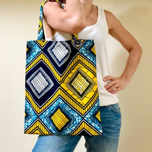 Tote bag, motifs losange, sac tissu pagne, sac wax, sac fourre-tout, sac de plage, sac jaune, sac tissu coton, imprimé wax, cadeau femm