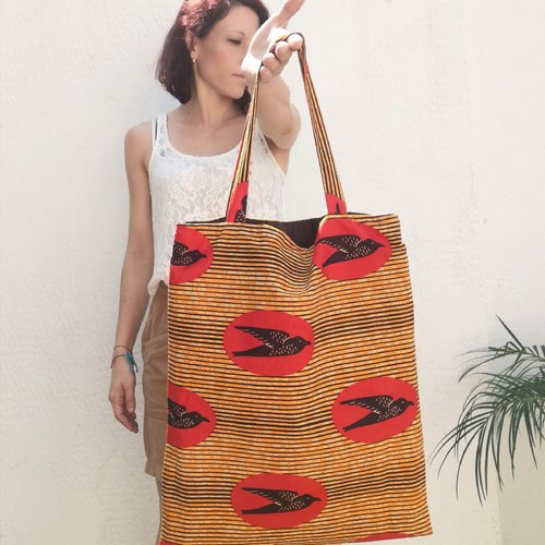 Tote bag, sac motifs oiseaux, sac tissu pagne, sac wax, sac fourre-tout, sac plage, sac écologique, imprimé ethnique, air afrique, eneke