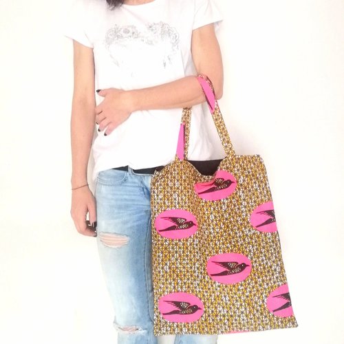 Tote bag, sac motifs oiseaux, sac tissu pagne, sac wax, sac fourre-tout, sac plage, sac écologique, imprimé ethnique, air afrique, eneke