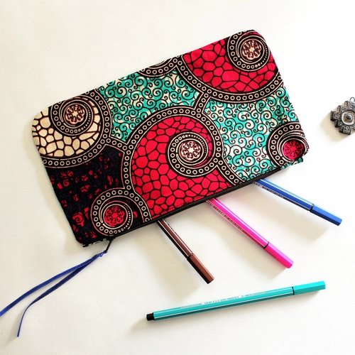 Trousse wax, trousse maquillage, étui stylos, pochette ethnique, motifs spirales, sac rangement, trousse turquoise