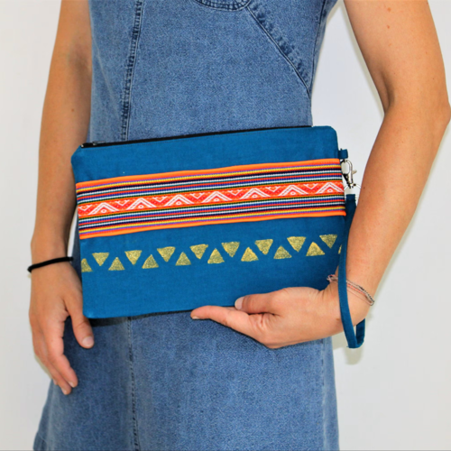 Pochette ethnique, sac à main, pochette main, étui tissu, tissu andin, style boho, pochette bleu pétrole, sac ethnique, dragonne