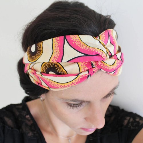 Headband motifs géométriques, accessoire cheveux wax, bandeau cheveux rose, motifs cercles, headband élastique wax , turban wax ethnique