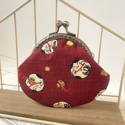 Porte-monnaie à fermoir en métal maneki neko porte bonheur fond bordeaux//tissu japonais//cadeau pour elle