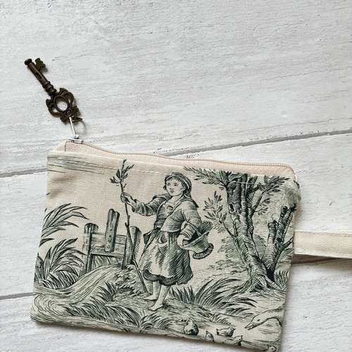 Pochette porte monnaie en toile de jouy vert //pochette fermeture eclair//porte carte//handy pouch