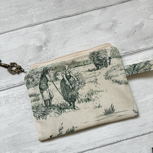 Pochette porte monnaie en toile de jouy vert //pochette fermeture eclair//porte carte//handy pouch