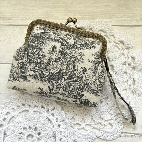 Porte monnaie en fermoir métal coton imprimé toile de jouy gris sur gris