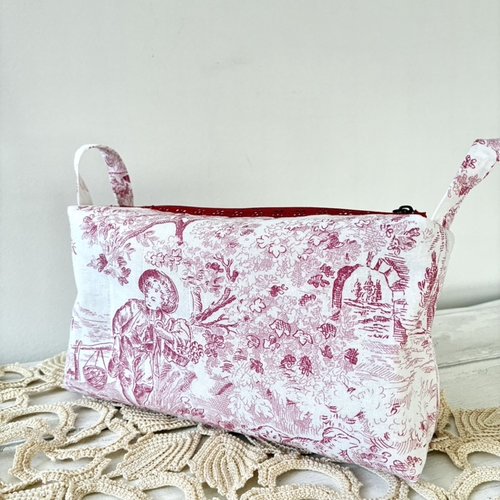 Trousse de toilette imprimé de coton toile de jouy rouge