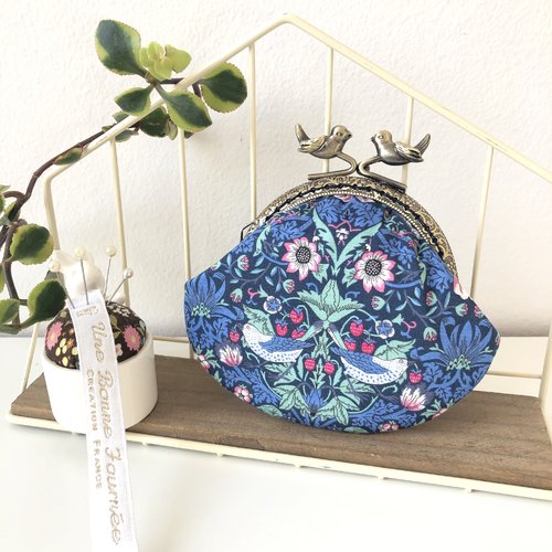 Porte-monnaie rétro liberty london strawberry thief bleu fuchsia • pochette vintage fermoir métal bronze oiseaux