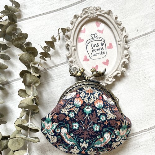 Porte-monnaie rétro liberty london strawberry thief orange vert • pochette vintage fermoir métal bronze oiseaux