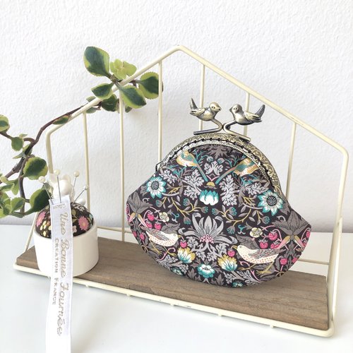 Porte-monnaie rétro liberty london strawberry thief marron • pochette vintage fermoir métal bronze oiseaux