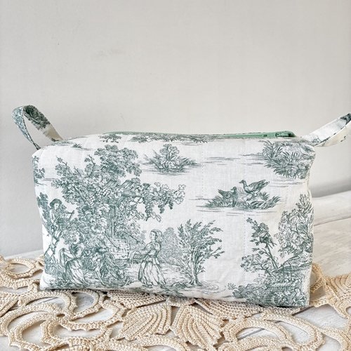 Trousse de toilette imprimé de coton toile de jouy vert
