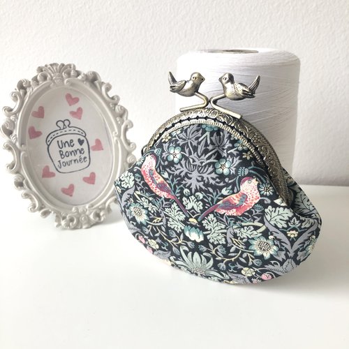 Porte-monnaie rétro liberty london strawberry thief gris rose • pochette vintage fermoir métal bronze oiseaux