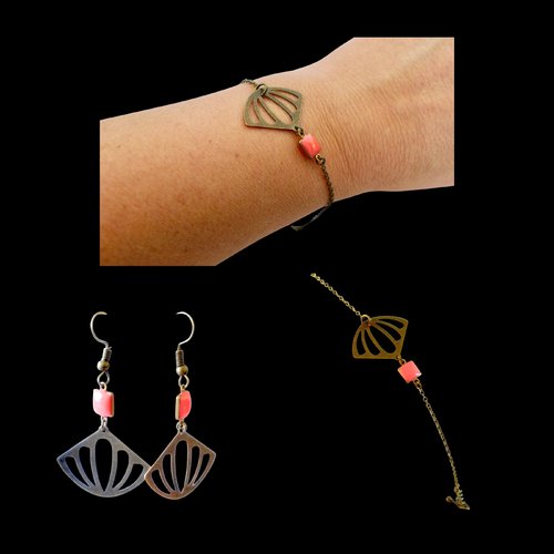 Parures de bijoux art déco éventail graphique esprit japonais en laiton et sequin émail rose corail bracelet et boucles d'oreilles