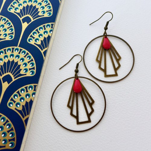 Boucles d'oreilles créoles art déco éventail graphique bronze et émail rouge