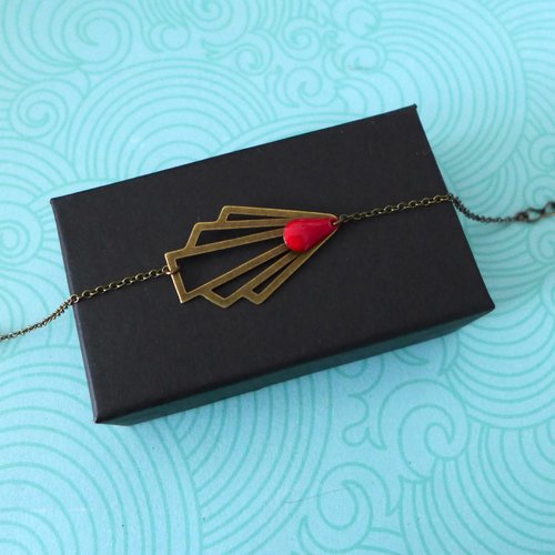 Bracelet éventail graphique art déco bronze et émail rouge
