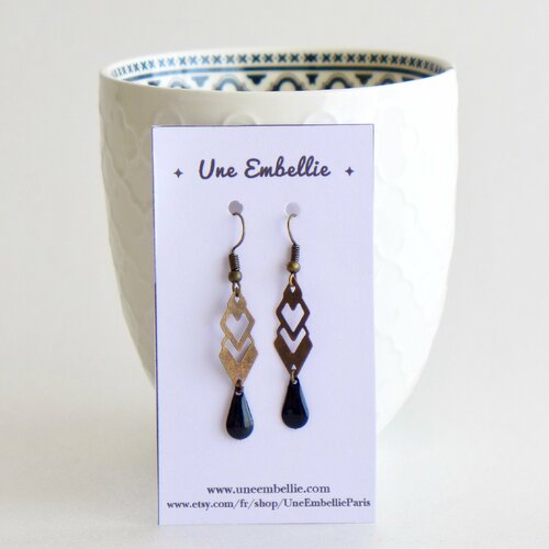 Boucles d'oreilles art déco / losange graphique laiton bronze / émail noir, orange, bleu marine, rose / cadeau femme