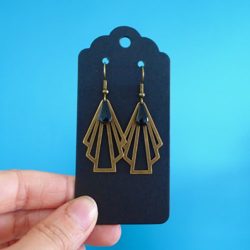 Boucles d'oreilles éventail graphique art déco laiton bronze et noir