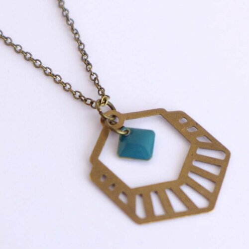 Collier art déco / hexagone laiton bronze / petit sequin en émail bleu canard / cadeau noël anniversaire femme / bijou graphique