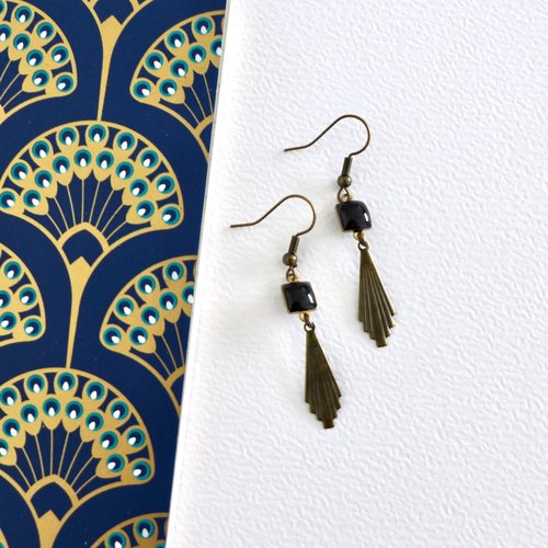 Boucles d'oreilles art déco fine estampe éventail et émail noir