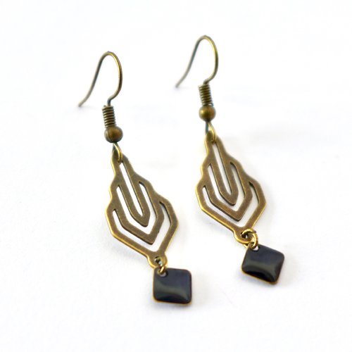 Boucles d'oreilles graphiques art déco en laiton bronze et sequin émail noir blanc ou turquoise petites boucles pendantes